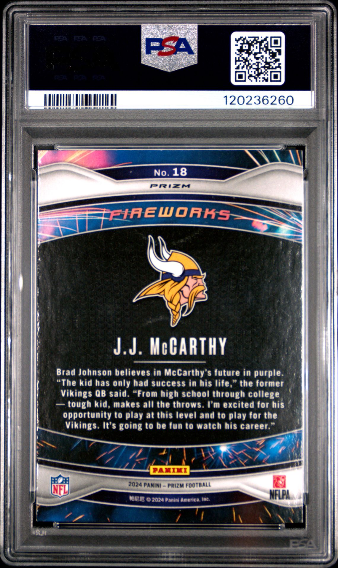 2024 Panini Prizm Fireworks Jj Mccarthy #18 (Fireworks-Green Wave) Mint 9 back
