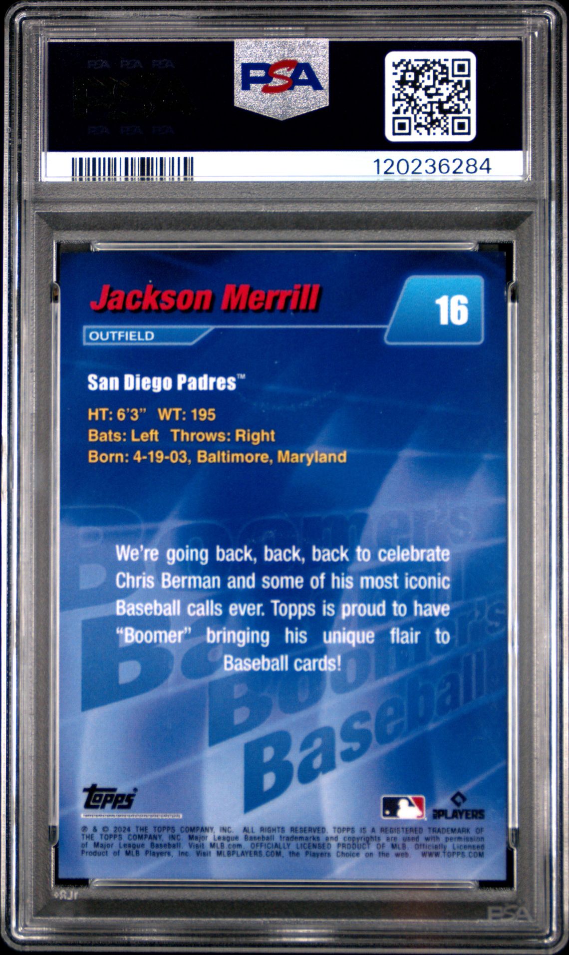 2024 Topps X Chris Berman: Boomer's Baseball Jackson Merrill #16 Gem Mt 10 back