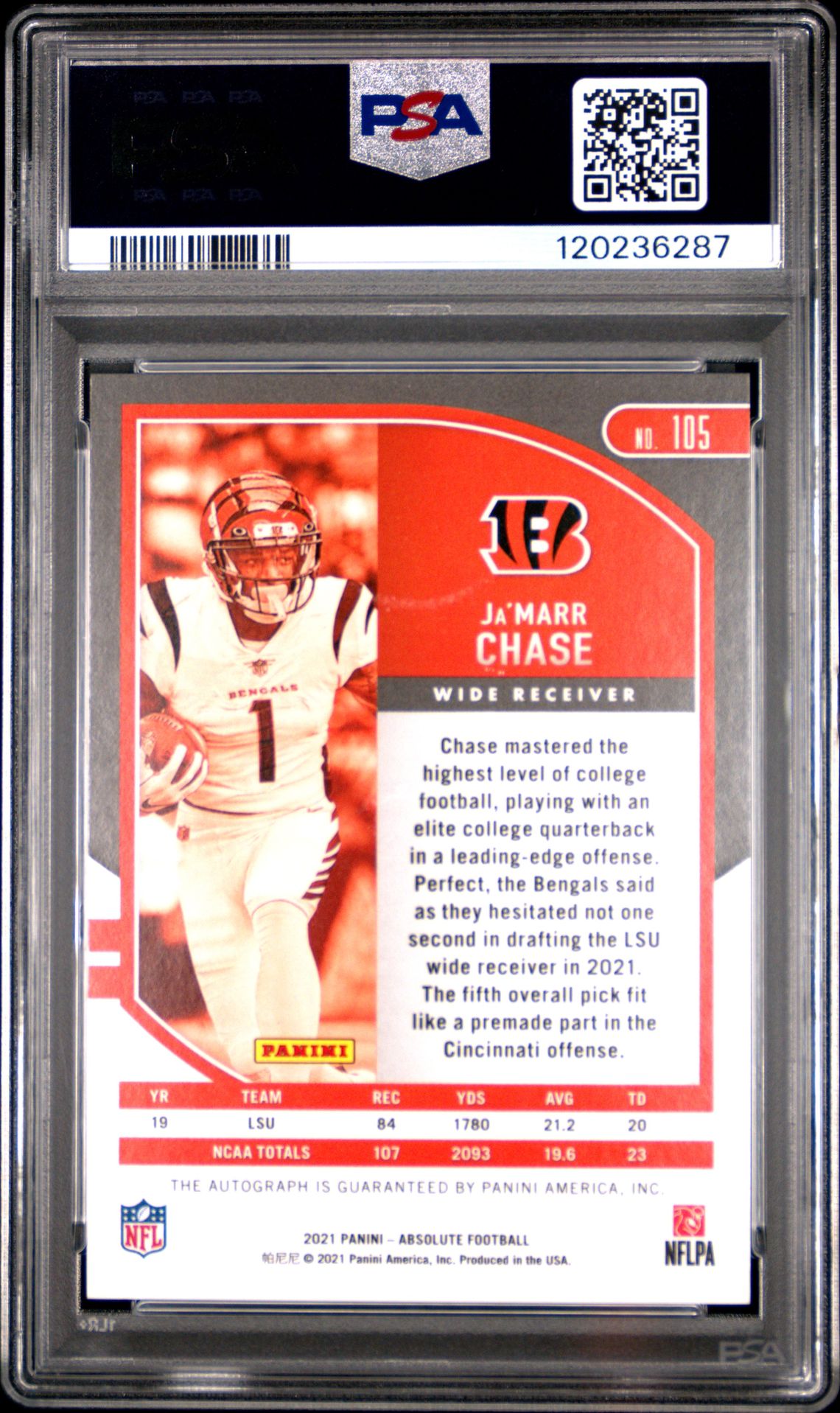 2021 Panini Absolute Ja'marr Chase #105 (Signature) Gem Mt 10 back