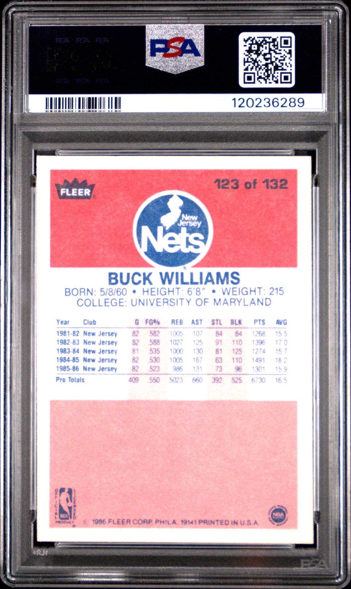 1986 Fleer Buck Williams #123 Nm-Mt 8 back