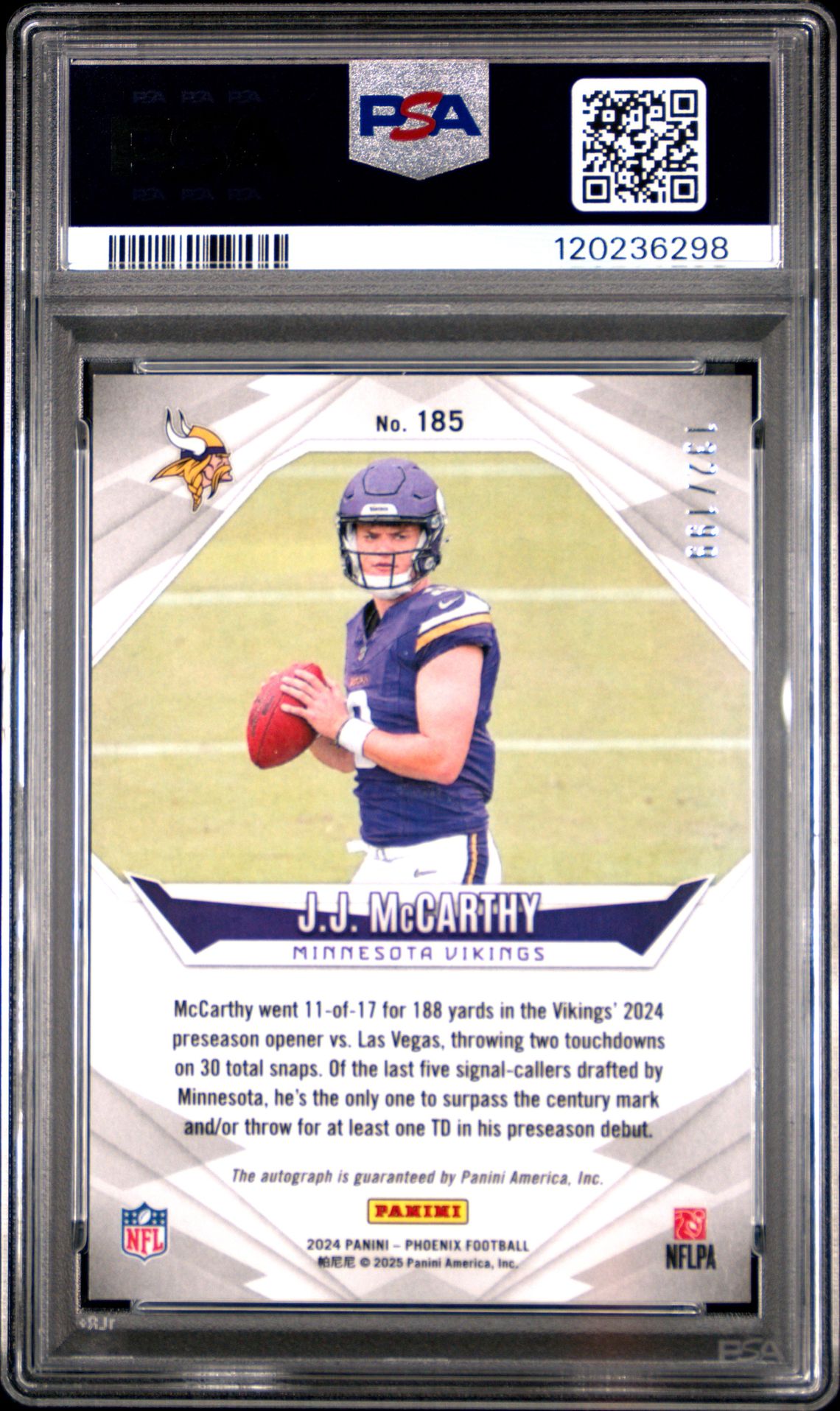 2024 Panini Phoenix Jj Mccarthy #185 (Autograph-Silver) Gem Mt 10 back