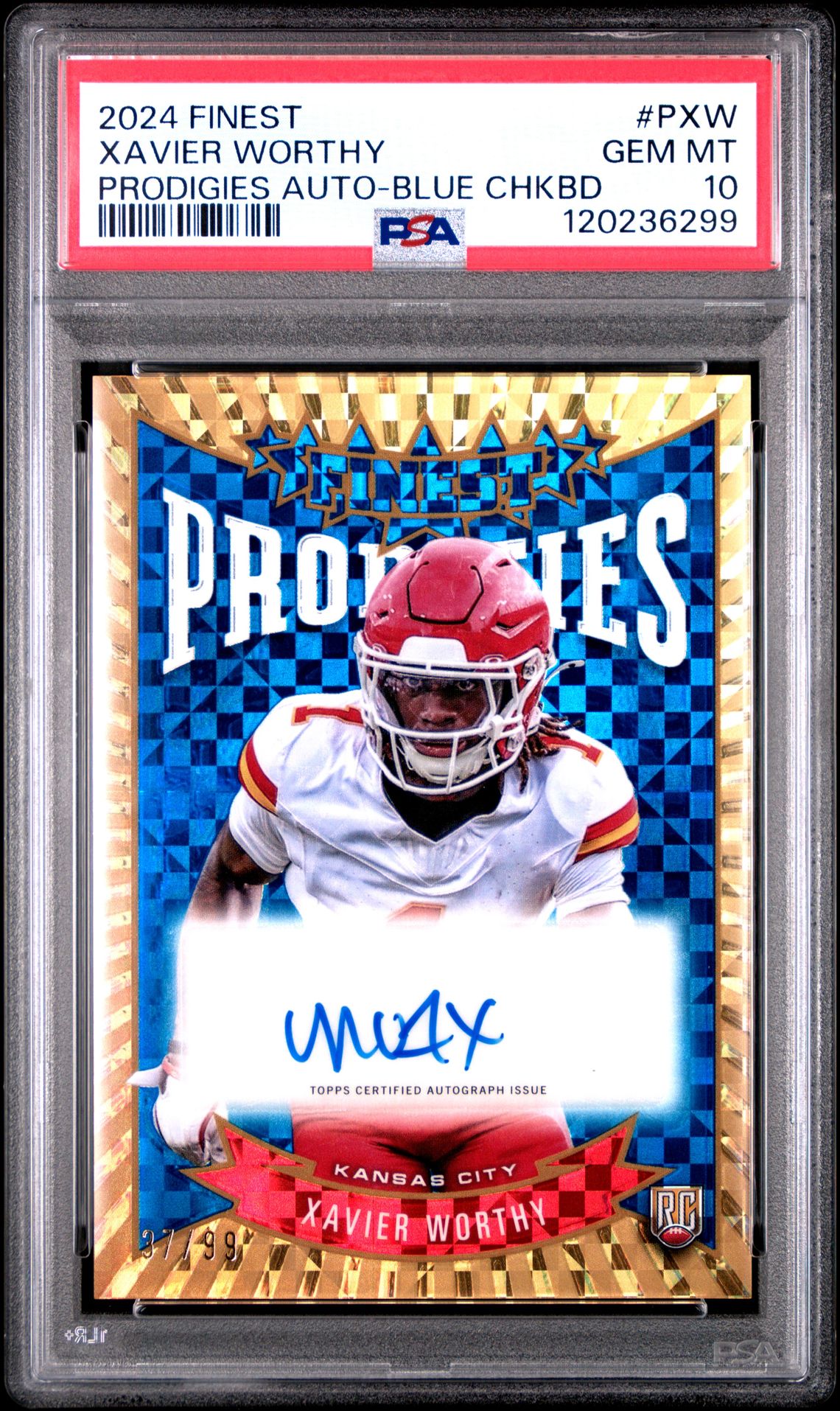 2024 Topps Finest Prodigies Autographs Xavier Worthy #Pxw (Prodigies Auto-Blue Chkbd) Gem Mt 10 front