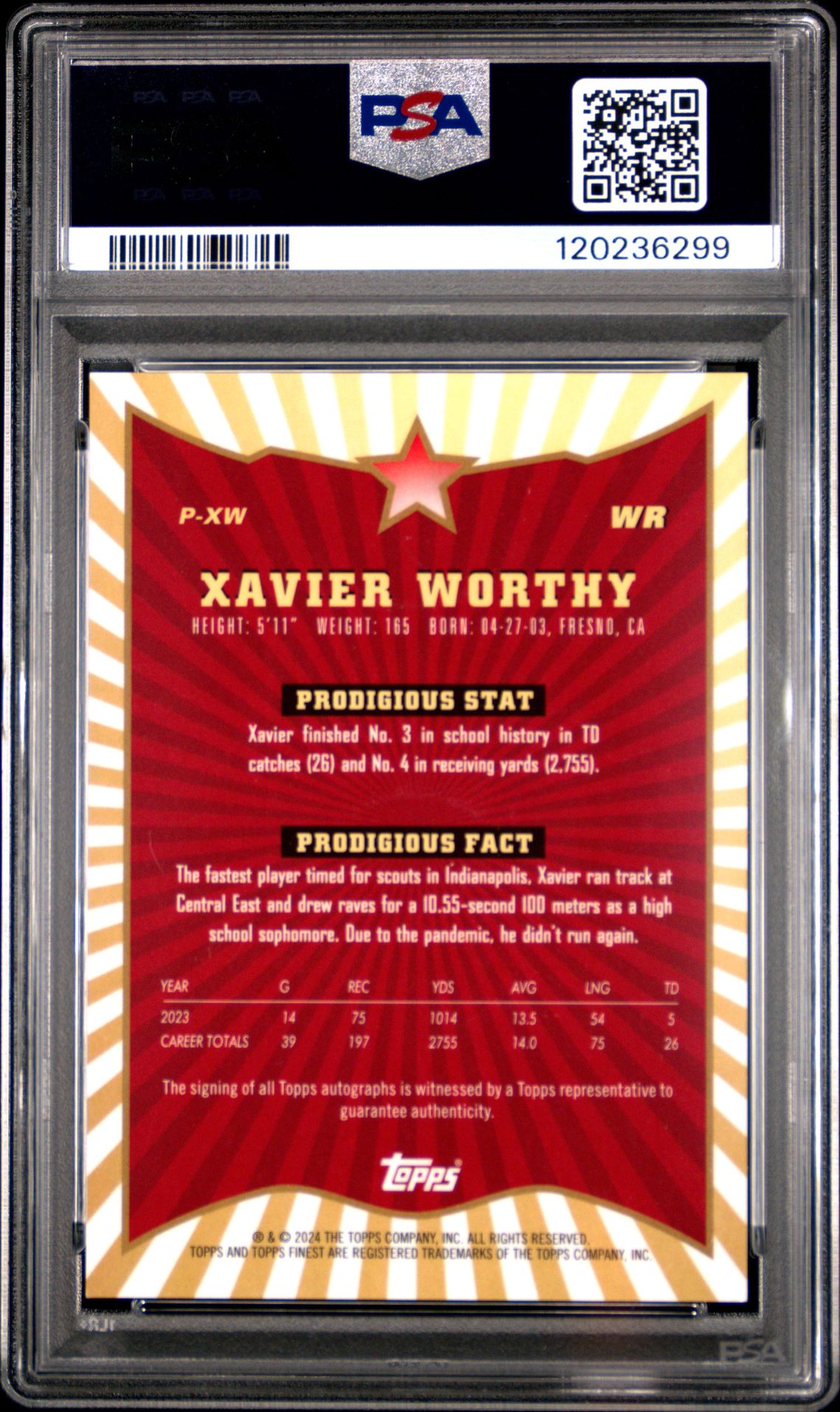2024 Topps Finest Prodigies Autographs Xavier Worthy #Pxw (Prodigies Auto-Blue Chkbd) Gem Mt 10 back