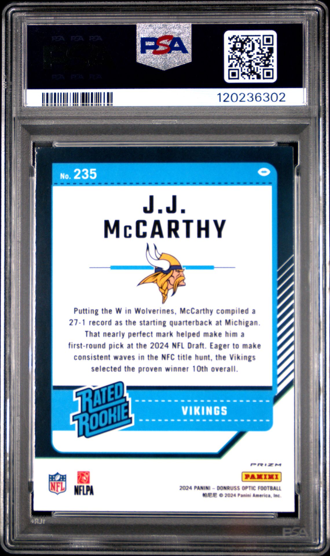 2024 Panini Donruss Optic Jj Mccarthy #235 (Teal Velocity) Gem Mt 10 back