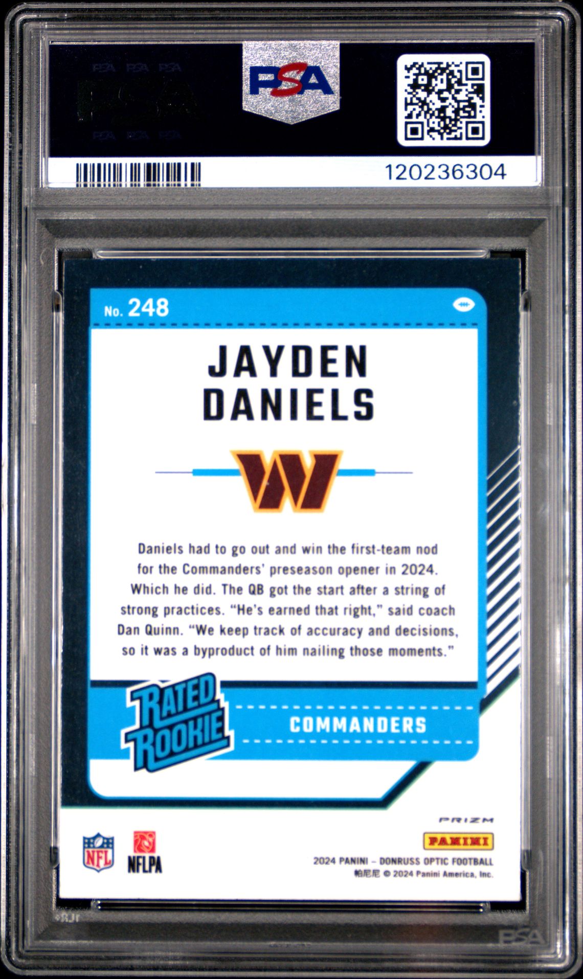 2024 Panini Donruss Optic Jayden Daniels #248 (Holo) Gem Mt 10 back
