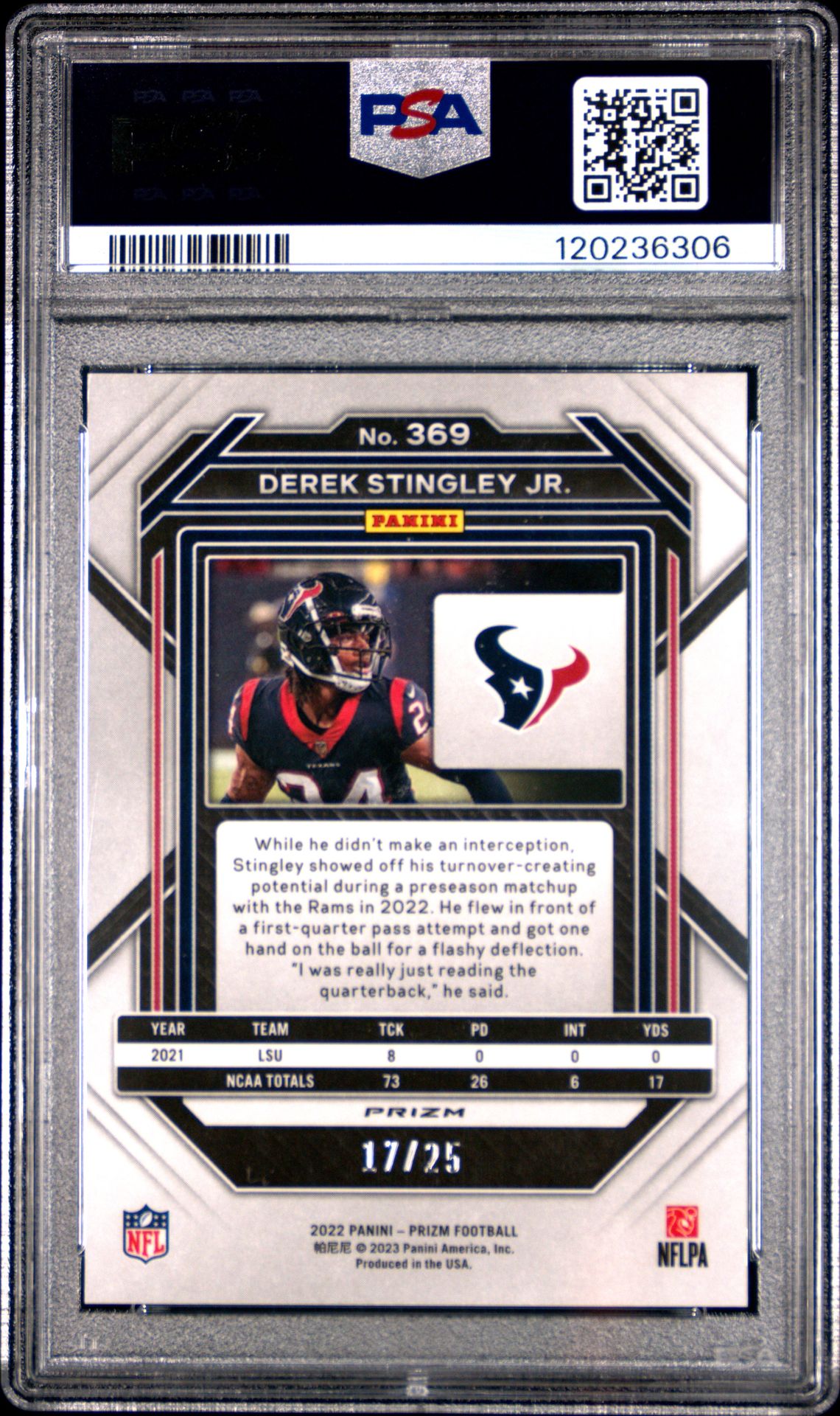 2022 Panini Prizm Derek Stingley Jr #369 (Blue Shimmer) Gem Mt 10 back