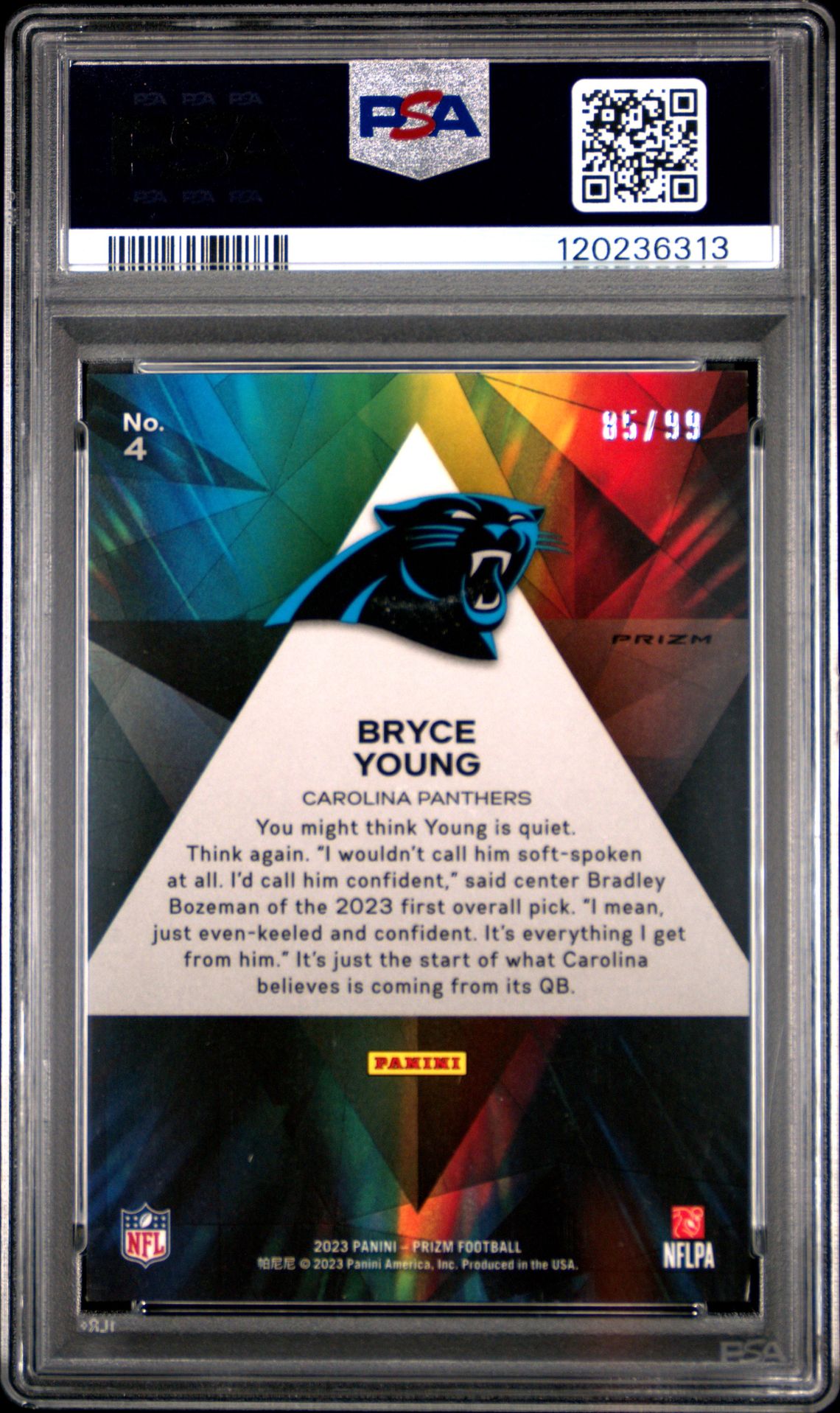 2023 Panini Prizm Prizmatic Bryce Young #4 (Prizmatic-Blue Ice) Mint 9 back