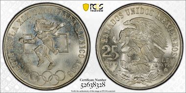 1968-Mo 25 Peso Olympic KM-479.1 Rings Align, Straight Tongue MS66