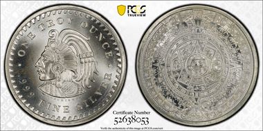 No Date 1oz Rnd Cuauhtemoc-Aztec Calendar Ag MS69