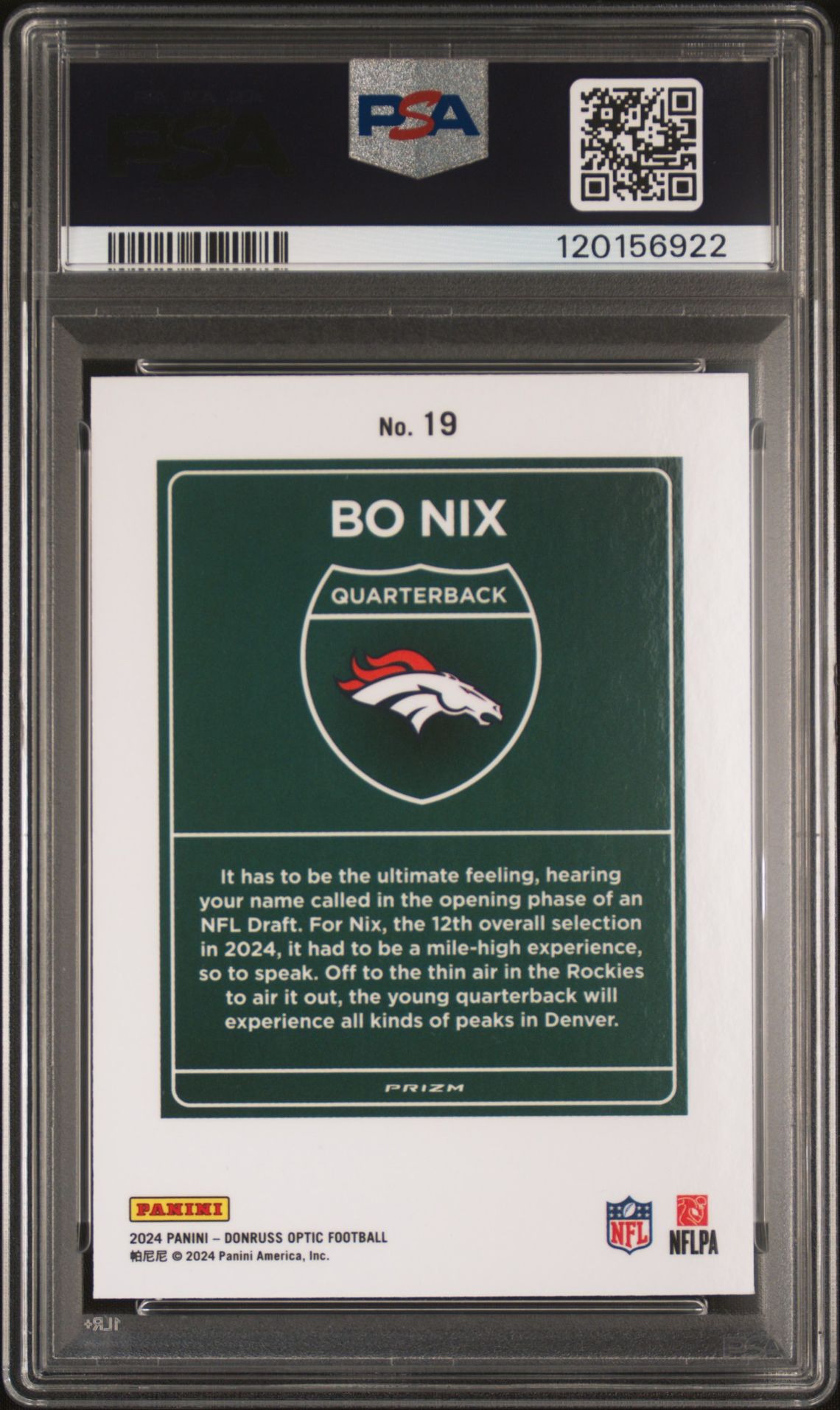 2024 Panini Donruss Optic Downtown! Bo Nix #19 Gem Mt 10 back