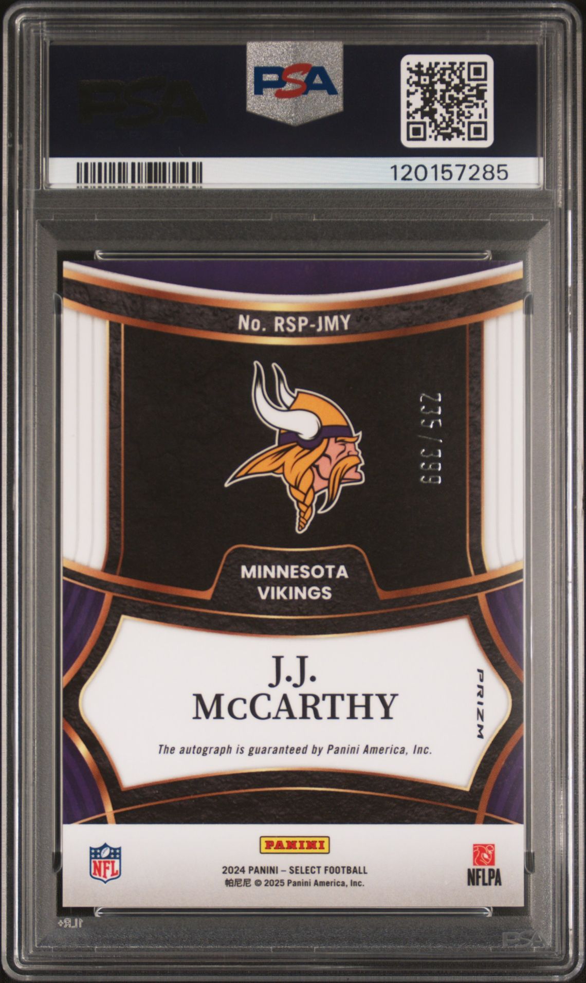 2024 Panini Select Rookie Signatures Jj Mccarthy #Rspjmy Mint 9 back