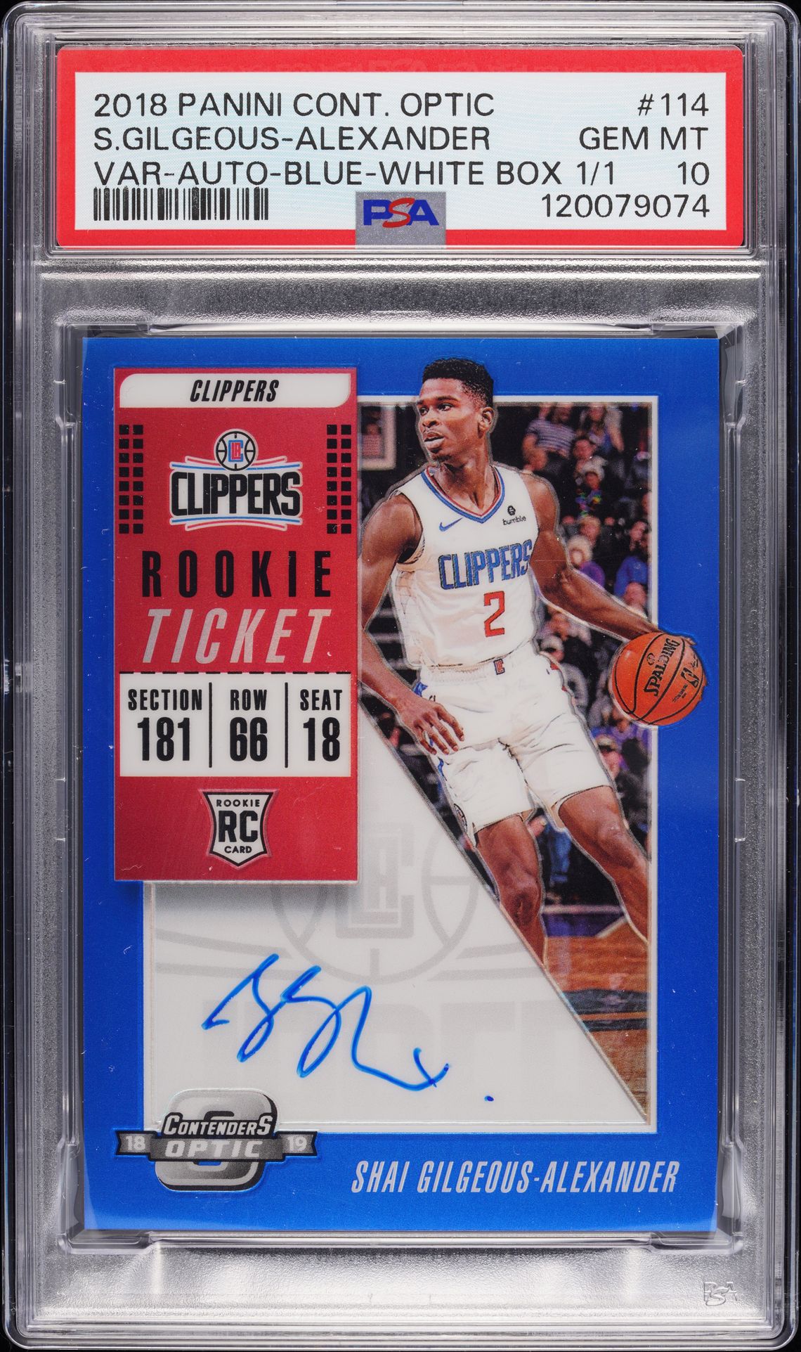 2018 Panini PANINI CONTENDERS OPTIC VAR-AUTO-BLUE-WHITE BOX 1/1 #114 S.Gilgeous-Alexander front