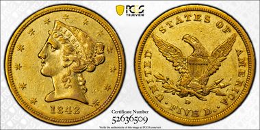 1842-D $5 Small Date XF45