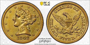 1842-D $5 Large Date XF45