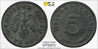 1940-D 5 Pfg J-370 Regular Issue AU55