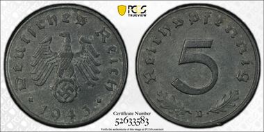 1943-D 5 Pfg J-370 AU55