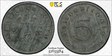 1943-G 5 Pfg J-370 AU58