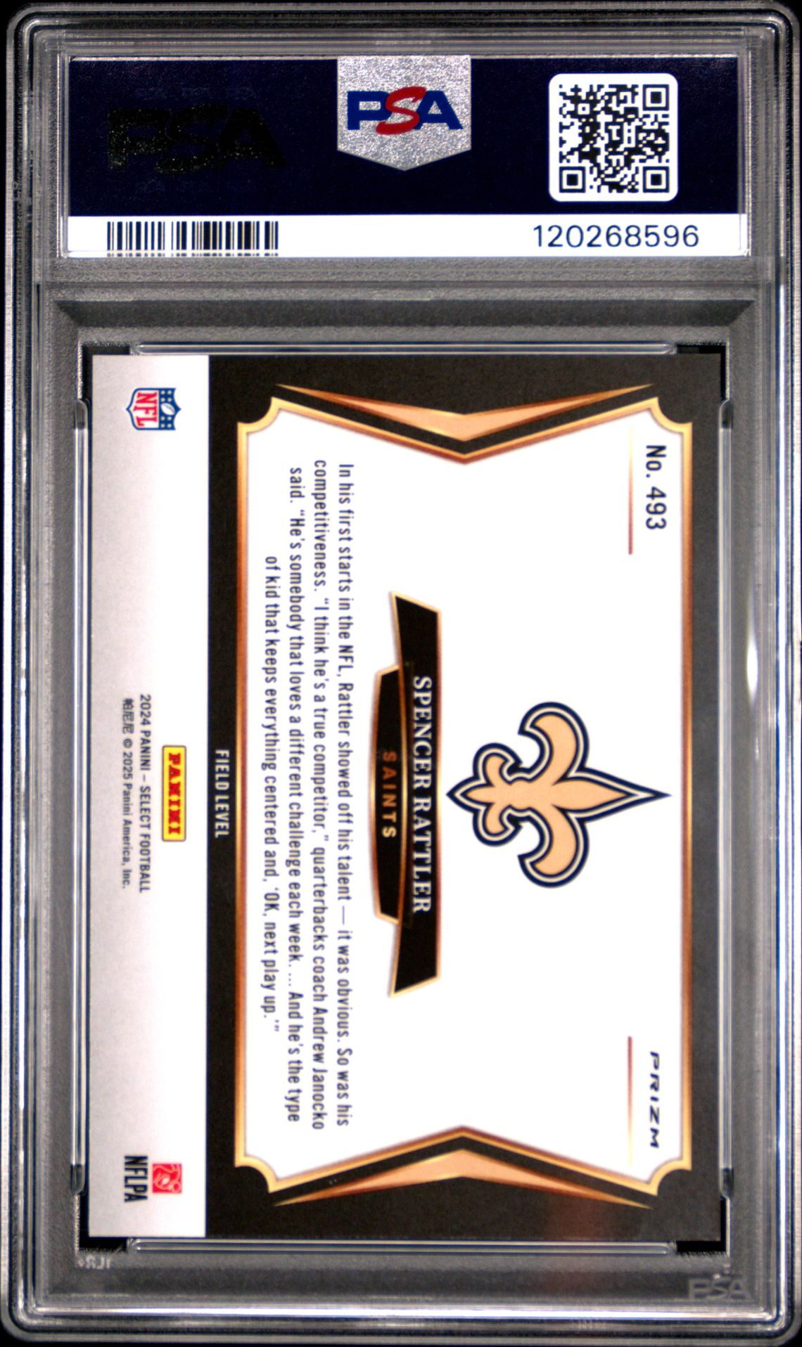 2024 Panini Select Spencer Rattler #493 (Zebra Prizm) Mint 9 back