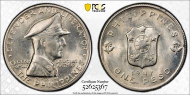 1947-S Peso Douglas MacArthur KM-185  Ag MS62