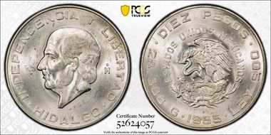 1955-Mo 10 Peso Hidalgo KM-474  Ag MS64