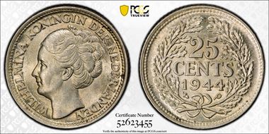 1944-P 25C acorn privy mark MS64