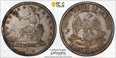 1874-CC T$1 Chopmarked AU50