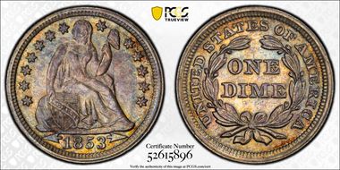 1853 10C Arrows AU58+ 