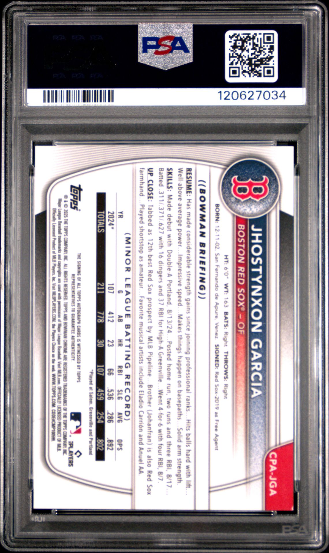 2025 Bowman Chrome Prospect Autographs Jhostynxon Garcia #Cpajga Gem Mt 10 back
