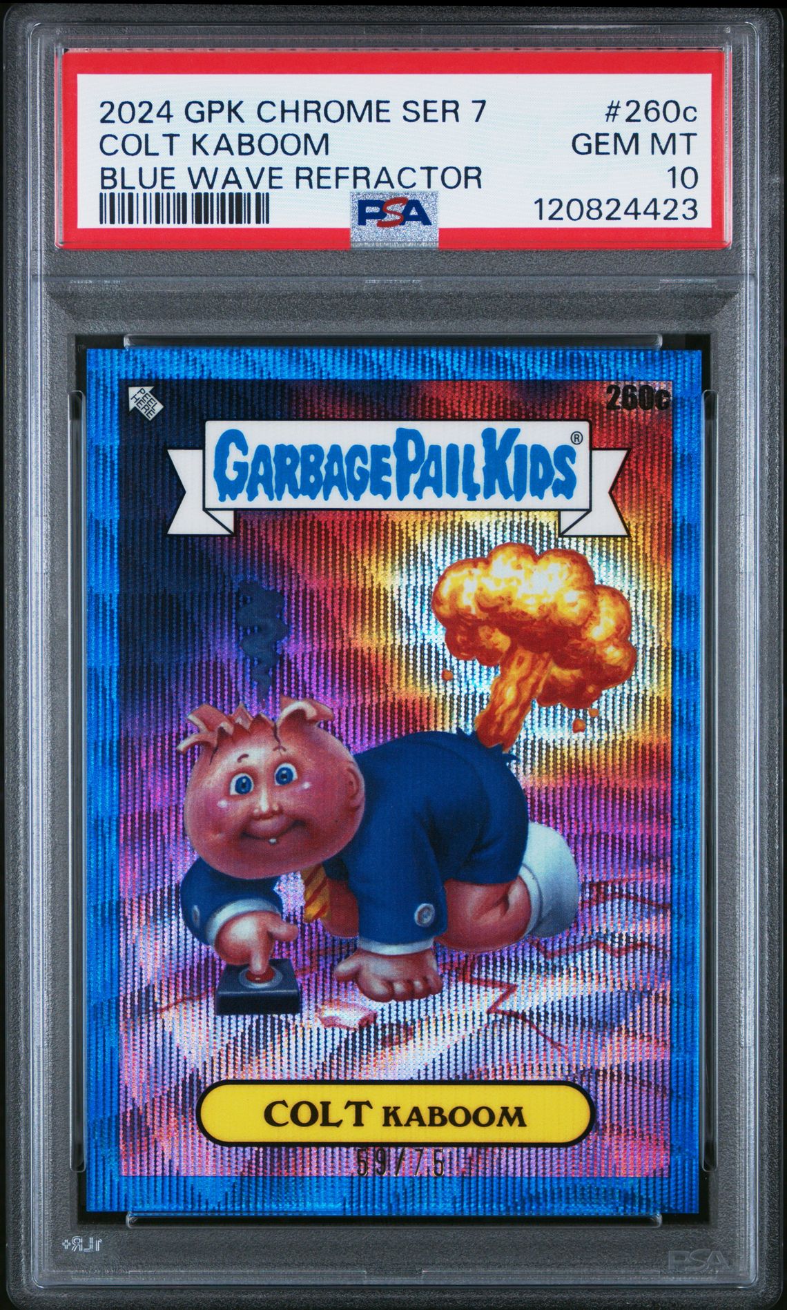 2024 Topps TOPPS CHROME GARBAGE PAIL KIDS ORIGINAL SERIES 7 BLUE WAVE REFRACTOR #260C Colt Kaboom front