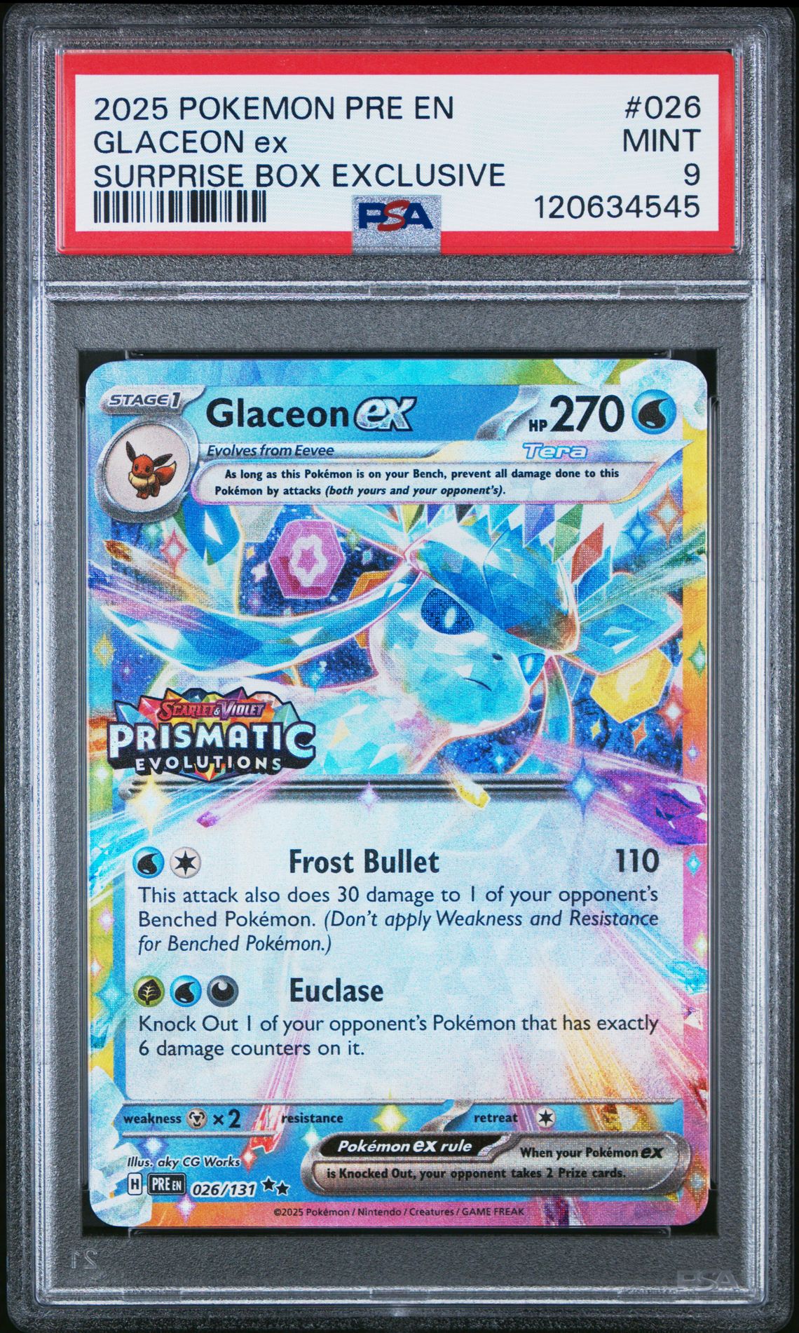 2025 Pokemon Pre En-Prismatic Evolutions Glaceon Ex #026 (Surprise Box Exclusive) Mint 9 front