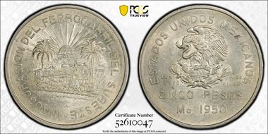 1950-Mo 5 Peso Southeastern Railroad KM-466  Ag MS61