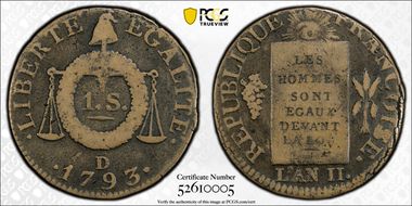 1793-D 1 Sol Gad-19 Sans Aigle VF25BN