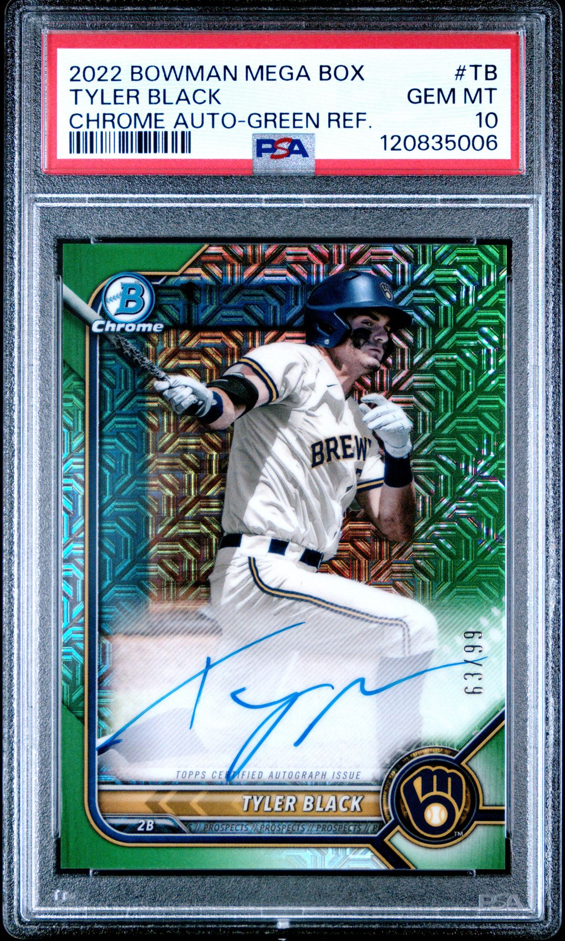 2022 Bowman Mega Box Chrome Autographs Tyler Black #Tb (Chrome Auto-Green Ref.) Gem Mt 10 front view - PSA graded GEM MT 10