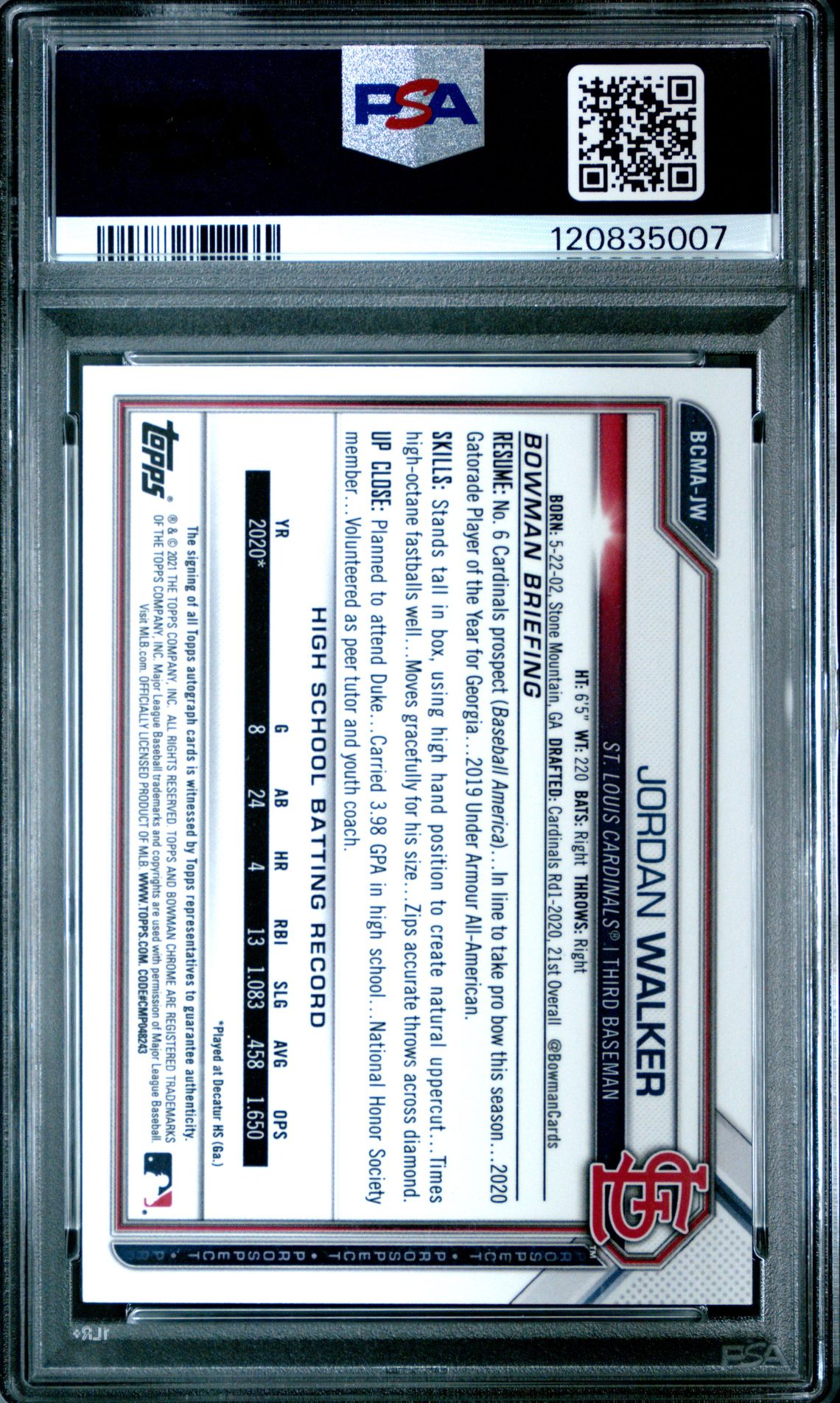 2021 Bowman Chrome Mega Box Autographs Jordan Walker #Jw (Autographs) Gem Mt 10 back view - PSA certificate #120835007