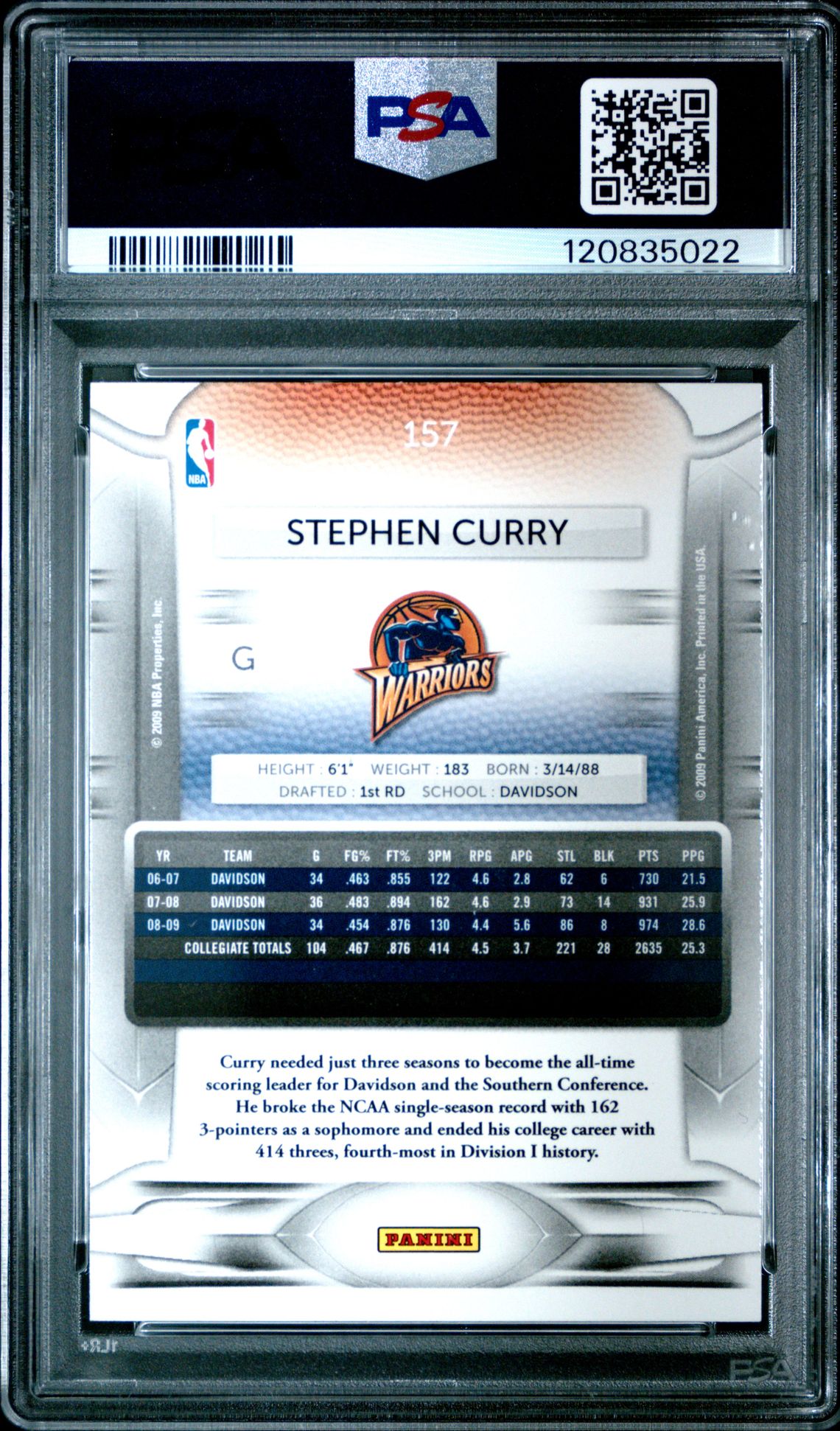 2009 Panini Prestige Stephen Curry #157 Gem Mt 10 back