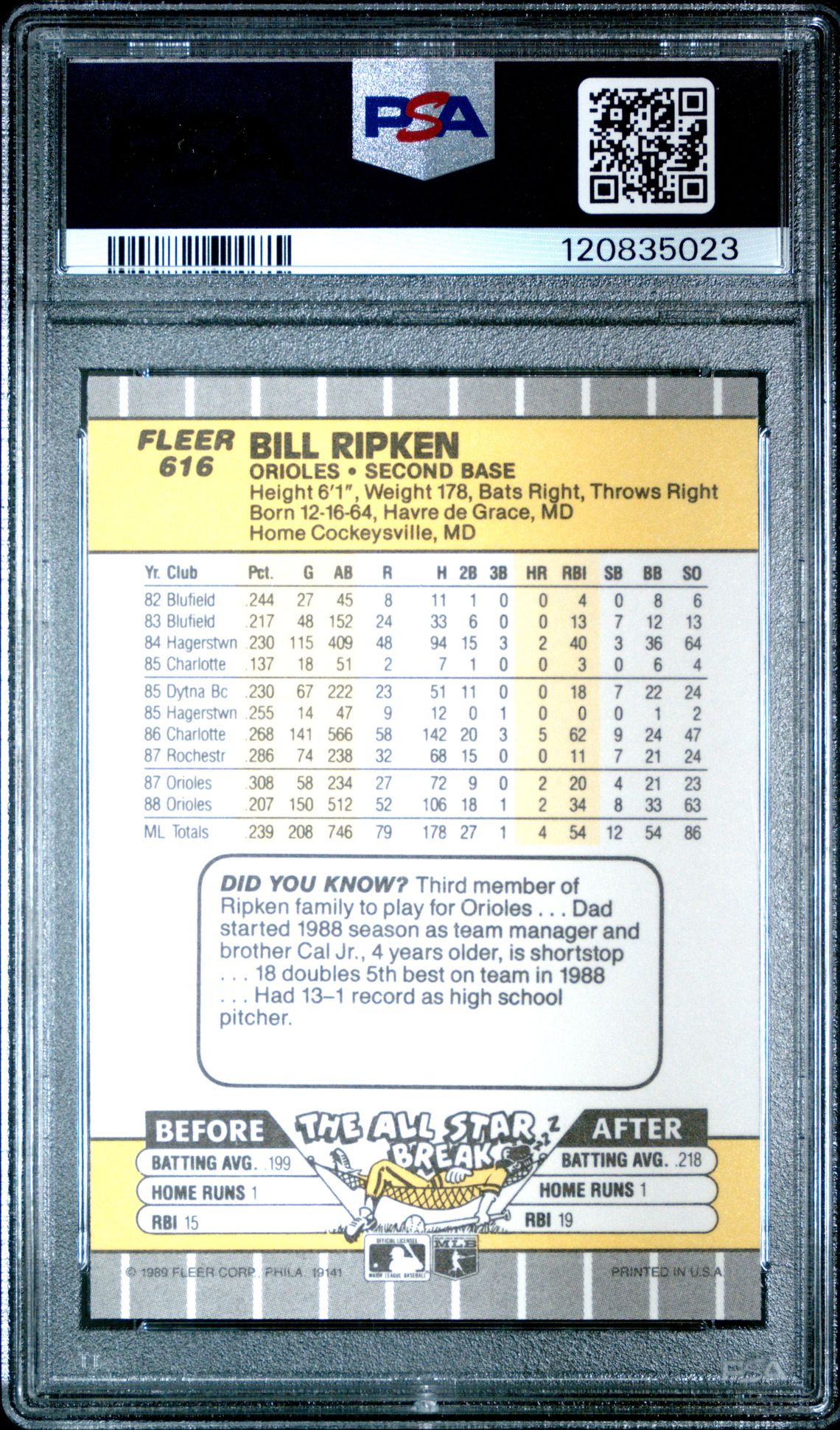 1989 Fleer Bill Ripken #616 (Ff Error) Gem Mt 10 back