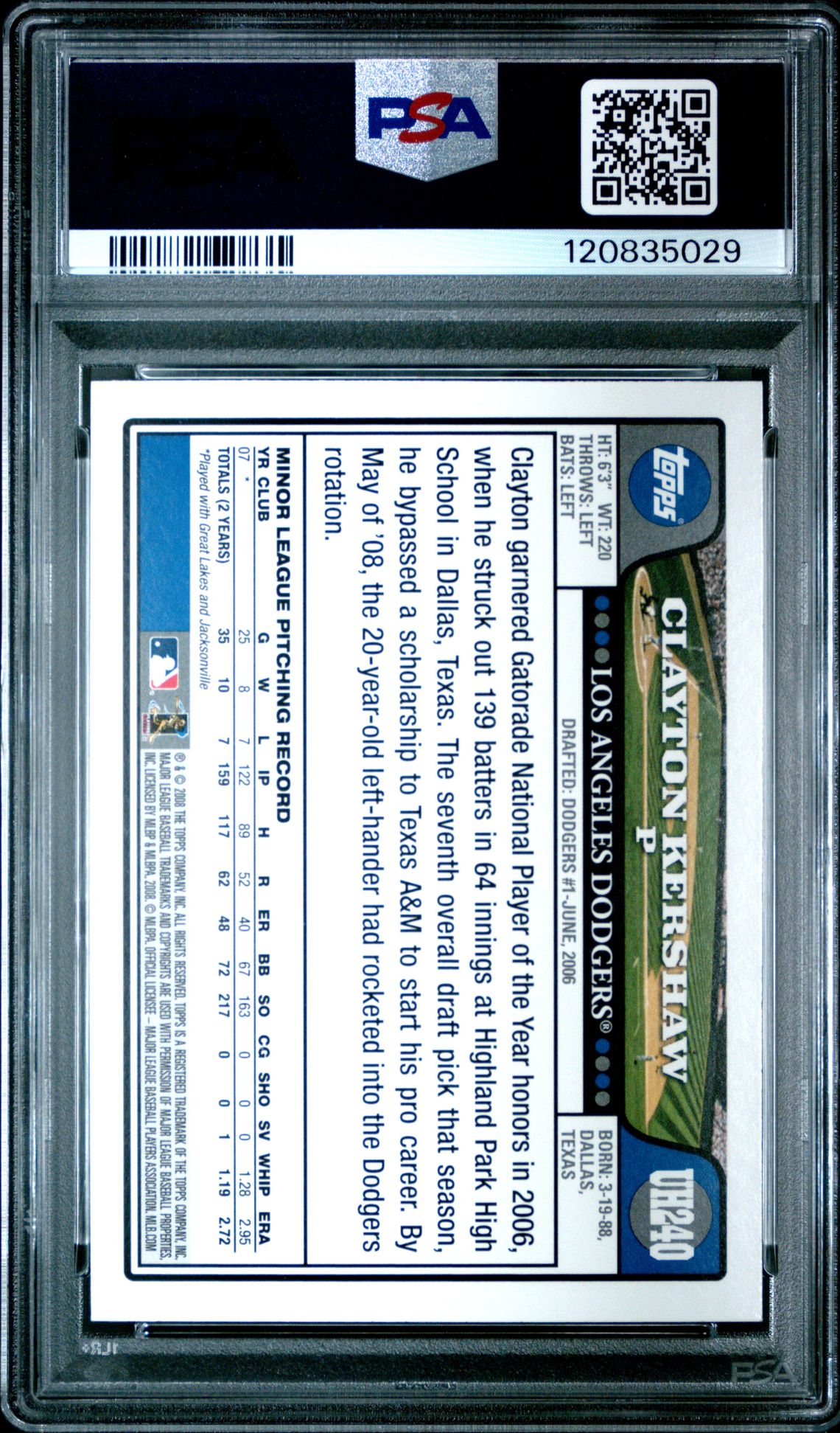 2008 Topps Update & Highlights Clayton Kershaw #Uh240 (Update & Highlights) Gem Mt 10 back