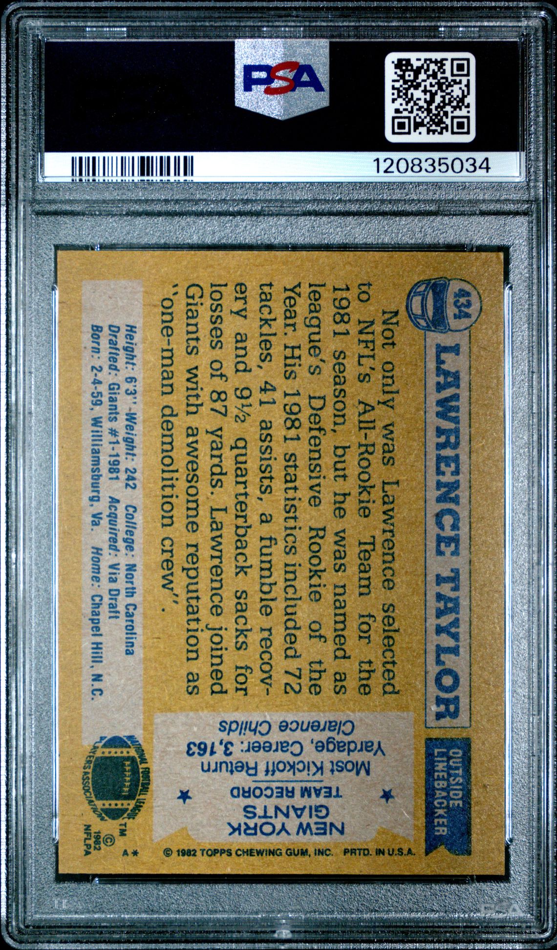 1982 Topps Lawrence Taylor #434 (All-Pro) Nm+ 7.5 back