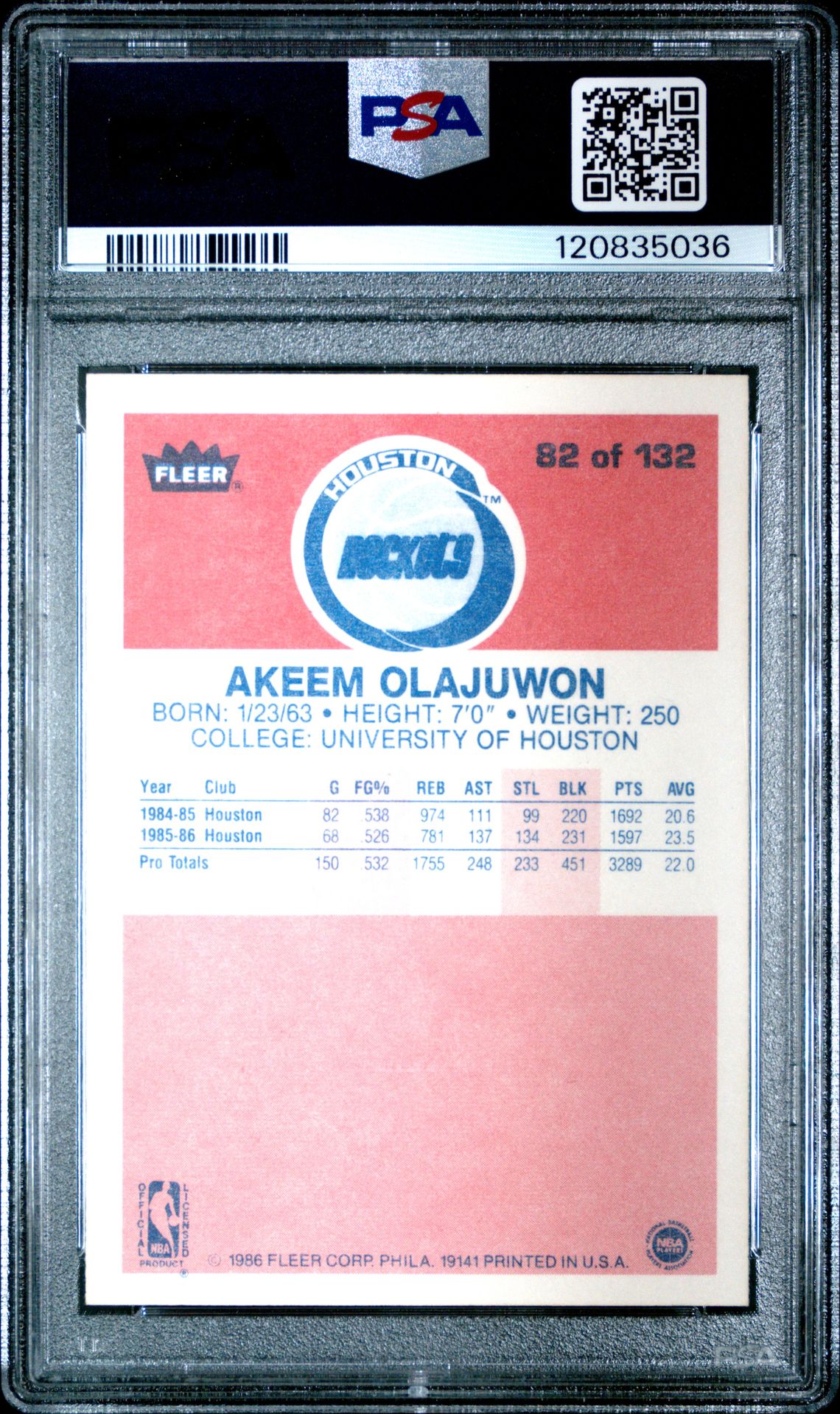 1986 Fleer Akeem Olajuwon #82 Mint 9 back