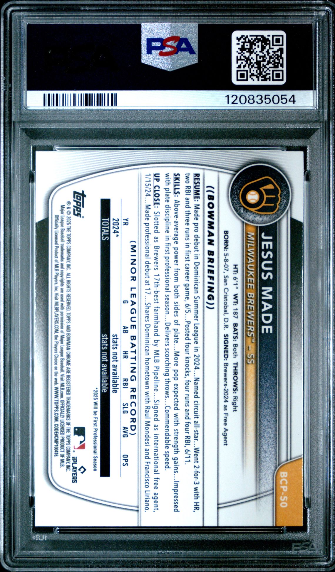 2025 Bowman Chrome Prospects Jesus Made #Bcp50 (Chrome Pros-Reptilian Ref) Gem Mt 10 back