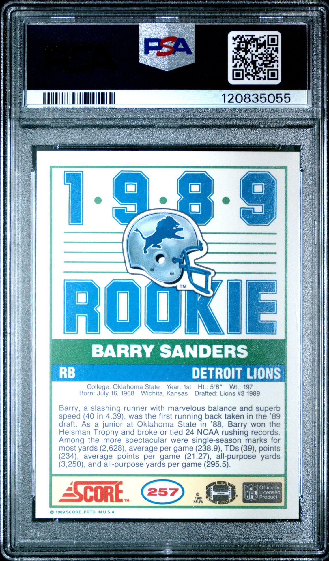 1989 Score Barry Sanders #257 Nm 7 back