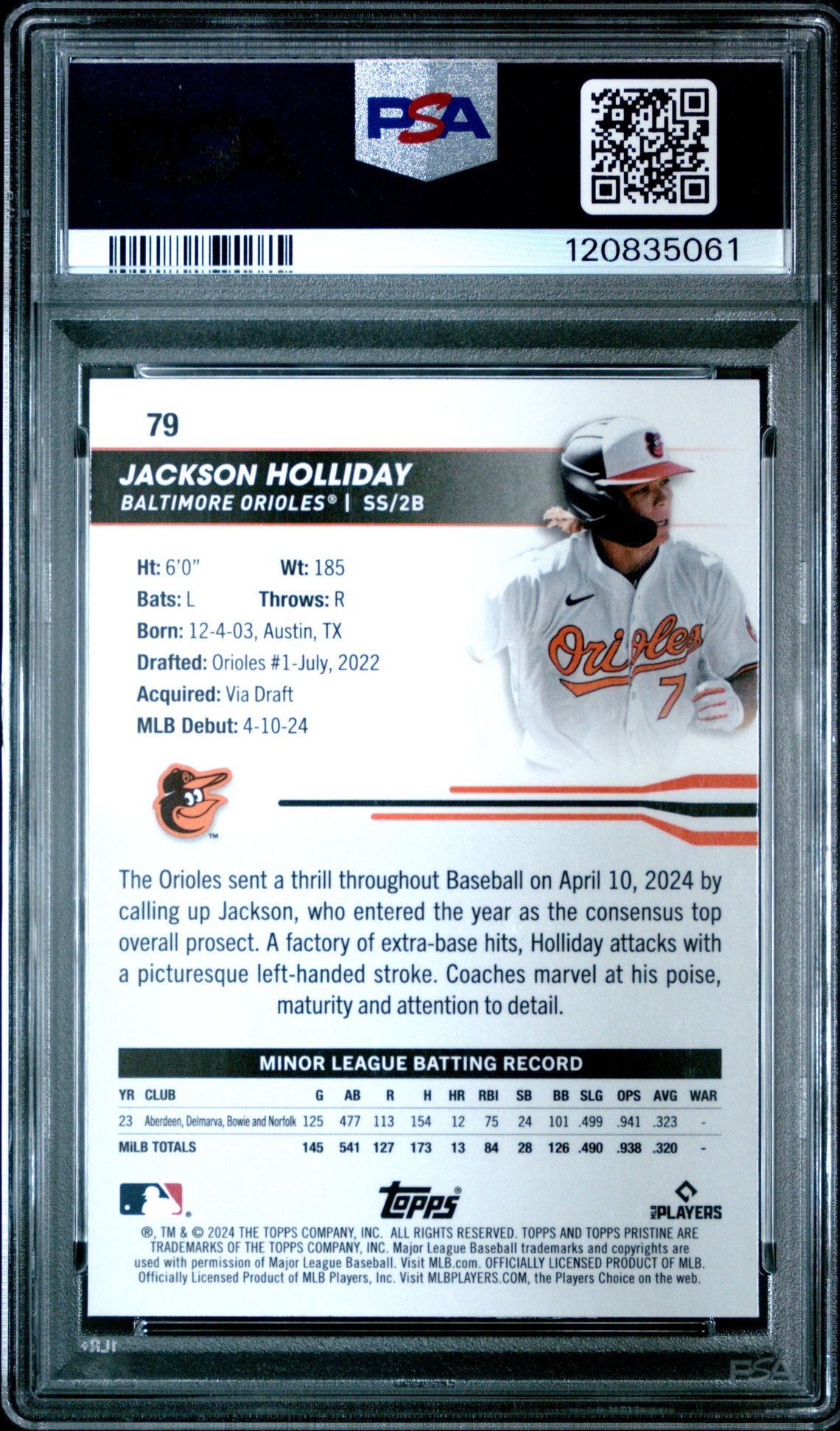 2024 Topps Pristine Jackson Holliday #79 (Orange Refractor) Gem Mt 10 back