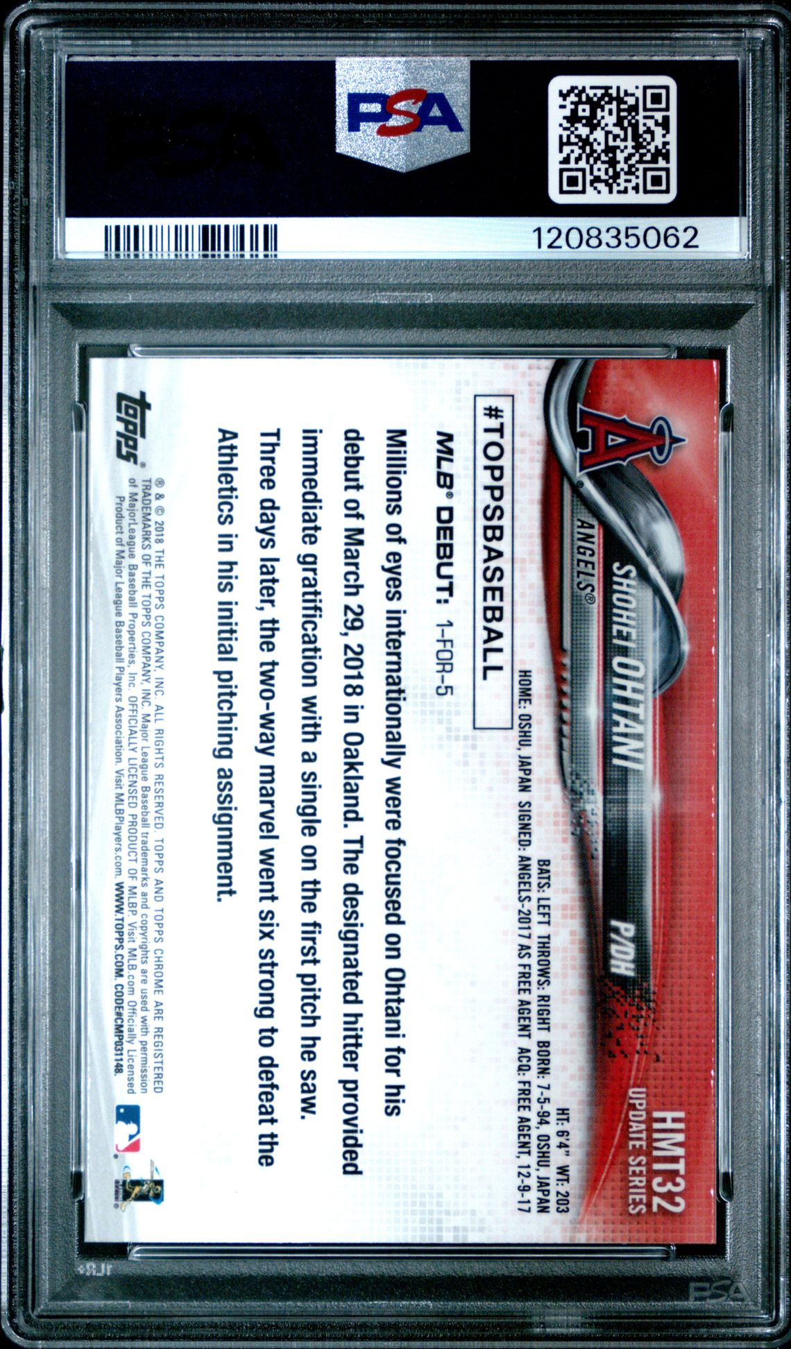 2018 Topps Chrome Update Shohei Ohtani #Hmt32 (Update) Gem Mt 10 back