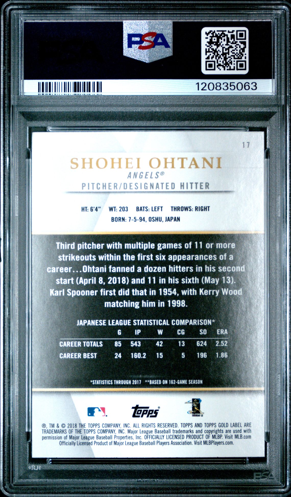 2018 Topps Gold Label Shohei Ohtani #17 (Class 1) Gem Mt 10 back
