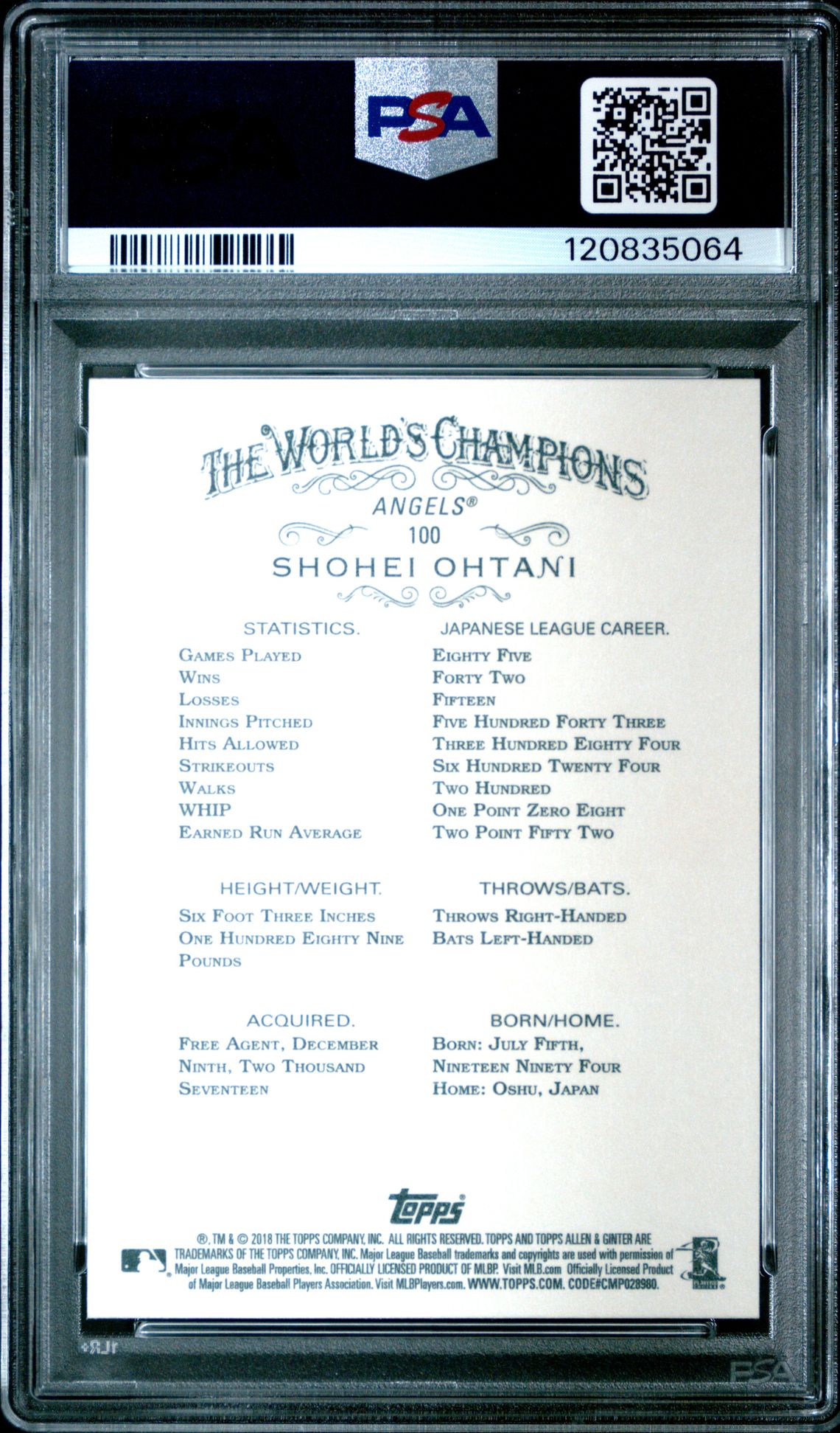 2018 Topps Allen & Ginter Shohei Ohtani #100 Gem Mt 10 back