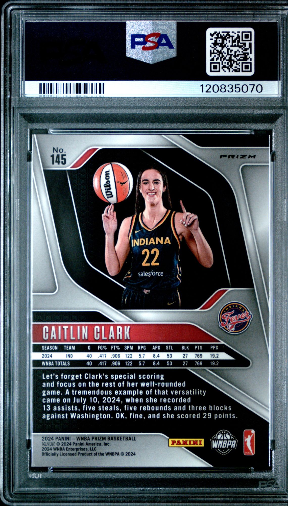 2024 Panini Prizm Wnba Caitlin Clark #145 (Blue Velocity) Mint 9 back
