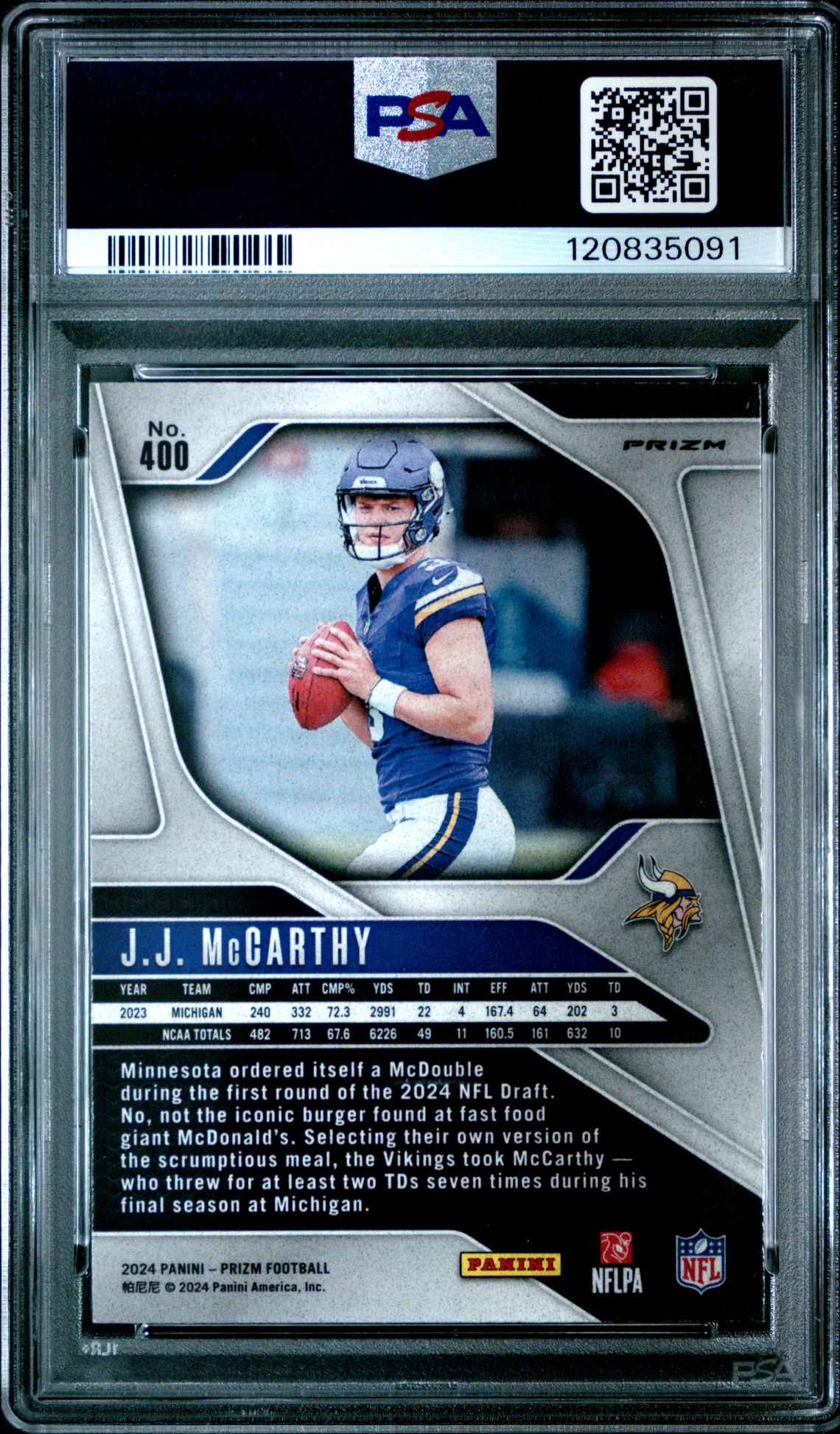 2024 Panini Prizm Jj Mccarthy #400 (Lazer Prizm) Mint 9 back