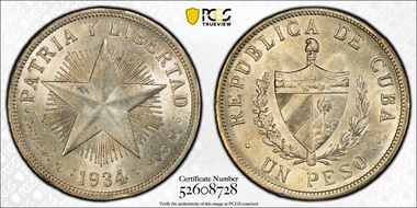 1934 Peso KM-15.2  Ag MS62