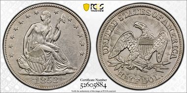 1853 50C Arrows & Rays AU50