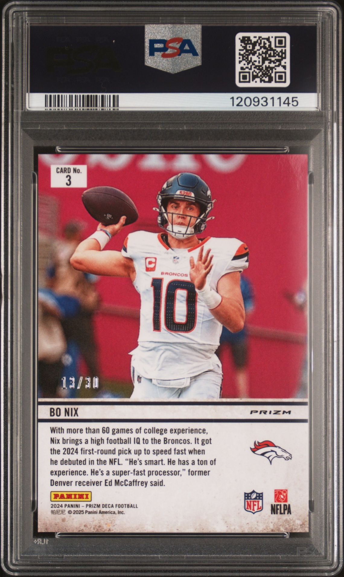 2024 Panini Prizm Deca Downtown Bound Bo Nix #3 (Downtown Bound-Mojo Prz) Mint 9 back